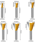 Hella Durable Six Piece Dovetail Router Bit Set Quarter Inch Shank Runs Slick with detailed dimensions for precise woodworking.