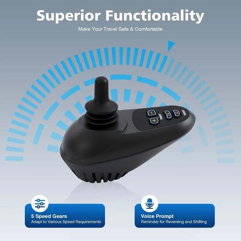 24V DC Wheelchair Joystick Controller with Brake, 360 Degree Free Steering for Electric Mobility Wheelchairs shown at angle.