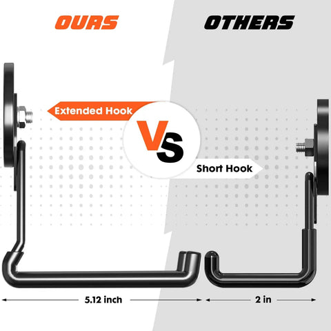 Comparative image of extended and short Heavy Duty Magnetic Hooks 4 Pack No Drill Install With Anti Slip Coating.