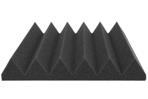 Heavy Duty Pro Grade Acoustic Foam Panels 24 Pack Charcoal Studio Soundproofing Wedge Wall Tiles 12 By 12 By 2 Inch shown from an angle, high density polyurethane material.