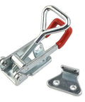 Heavy Duty Galvanized Toggle Latch Handle With 100 Kilogram Clamp Force For Secure Cabinets Tool Chests And Transport Cases Featuring Thick 2mm Steel Build For Maximum Hold And Tough Everyday Use Without Ripping Open. galvanized steel toggle latch with red handle and strike plate