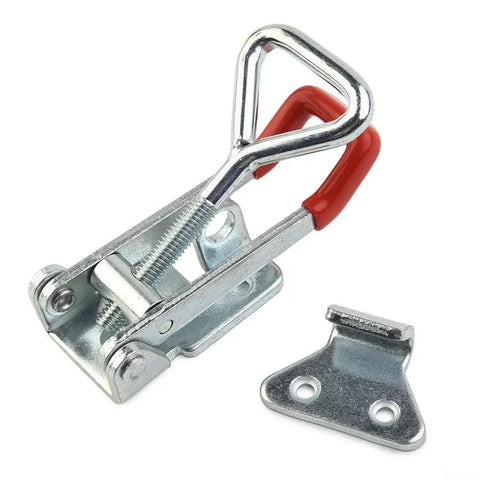 Heavy Duty Galvanized Toggle Latch Handle With 100 Kilogram Clamp Force For Secure Cabinets Tool Chests And Transport Cases Featuring Thick 2mm Steel Build For Maximum Hold And Tough Everyday Use Without Ripping Open. galvanized steel toggle latch with red handle and strike plate