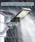 JUDYSSY 150W Solar Street Lights Outdoor with 600 Led Bright Lamp demonstrating IP65 waterproof protection in rain.