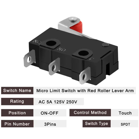 10 Pack Micro Limit Switch KW12 3 With Roller Lever Arm SPDT 1NO 1NC 250V 5A Open Close Compact 20x10x7mm front view