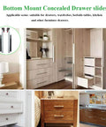 Six Pairs Of 18 Inch Soft Close Undermount Full Extension Drawer Slides featuring smooth functionality in various kitchen and furniture settings.