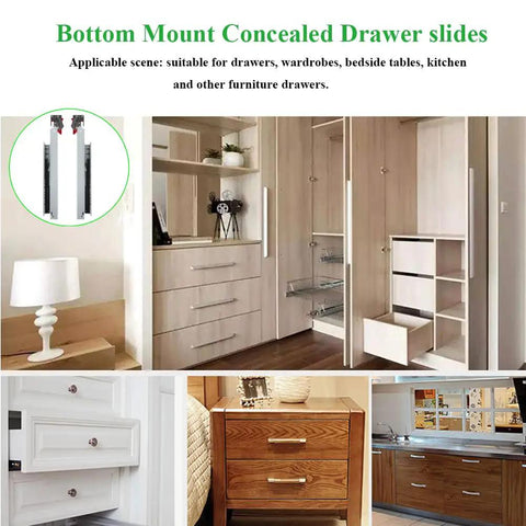 Six Pairs Of 18 Inch Soft Close Undermount Full Extension Drawer Slides featuring smooth functionality in various kitchen and furniture settings.