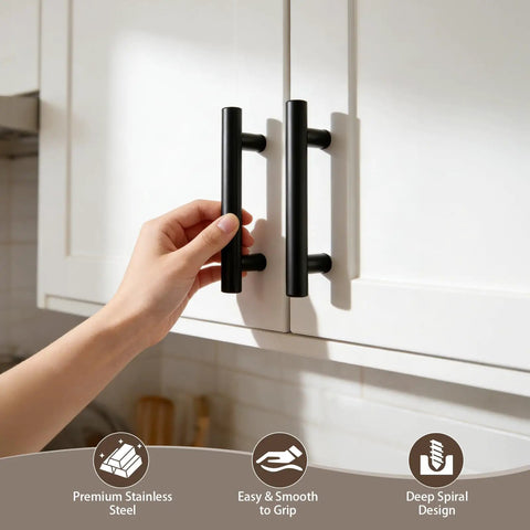 Hand gripping Six Pack Black Cabinet Pulls 5 Inch Center To Center Stainless Steel Handles for kitchen with smooth finish