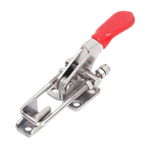 Heavy Duty 304 Stainless Steel Toggle Clamp with red handle, suitable for electronic assembly and welding projects.