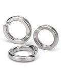 Three stainless steel split lock washers, 1/2 in ID, 0.869 in OD, 304 stainless steel, front view