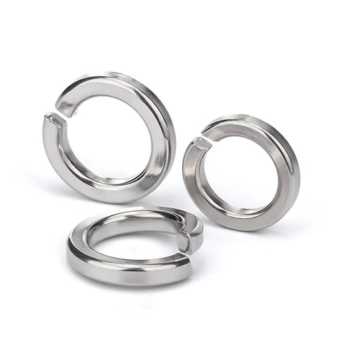 Three stainless steel split lock washers, 1/2 in ID, 0.869 in OD, 304 stainless steel, front view