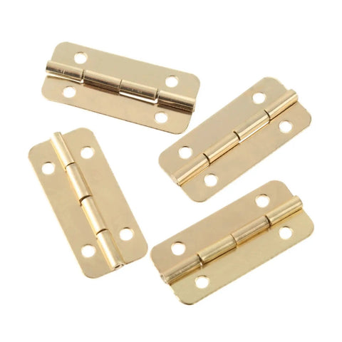 Prime Gold Cabinet Hinges 10 Pack 37X17MM Heavy Duty Wood Box Hardware showing four brass hinges for jewelry chests and toolboxes.