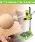Beefy Floor Drill Press Stand And Work Station Table Top with 90 Degree Rotating Frame in use on a round wooden piece