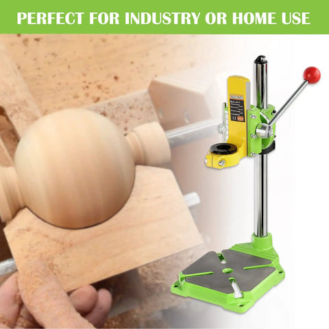 Beefy Floor Drill Press Stand And Work Station Table Top with 90 Degree Rotating Frame in use on a round wooden piece