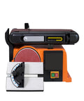 Built Like A Tank Industrial Belt Sander With Heavy Cast Iron Base And No Sweat Pipe Grinder Polisher For Wood Stainless Steel Aluminum Round Or Bent Shapes Smooth Finish Tool front view with adjustable guide.