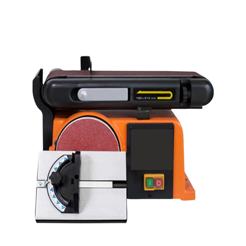 Built Like A Tank Industrial Belt Sander With Heavy Cast Iron Base And No Sweat Pipe Grinder Polisher For Wood Stainless Steel Aluminum Round Or Bent Shapes Smooth Finish Tool front view with adjustable guide.