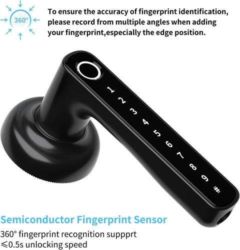 360-degree view of black 4 In 1 Fingerprint Door Lock With App Code Backup Key And Keyless Entry showing fingerprint sensor and keypad