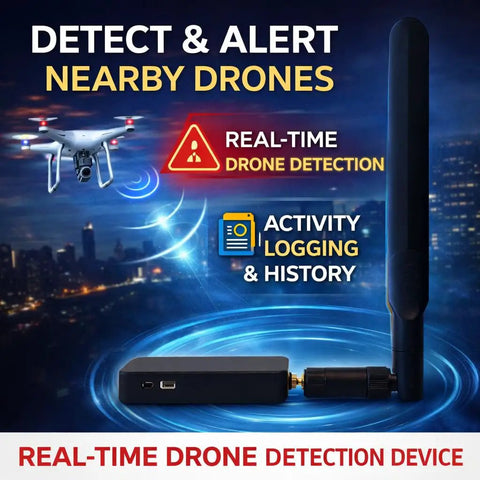 Handheld Drone Detection And Tracking Kit With Remote ID Receiver showing real-time detection and alert features against city skyline