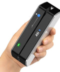 Bluetooth Card Reader and Writer Pro With USB 3 Multi Track Swipe Encoder in hand, showing design and LED indicators.