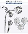 Two In One Handheld And Overhead Shower Head System In Chrome With Five Modes Four Inch And Four Inch Dual Shower Heads Liftable No Drill Install Sixty Inch Stainless Steel Hose with toggle control button