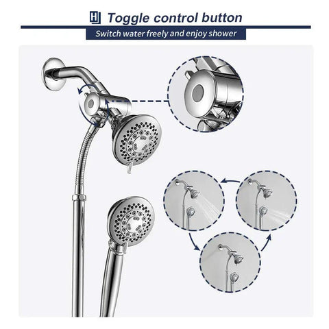 Two In One Handheld And Overhead Shower Head System In Chrome With Five Modes Four Inch And Four Inch Dual Shower Heads Liftable No Drill Install Sixty Inch Stainless Steel Hose with toggle control button