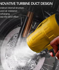 Hand using Brushless Leaf Blower Cordless 20V Handheld Jet Fan Turbo Air For Patio And Lawn Care High Speed 30000 RPM Blows Leaves And Dust Fast Quick Drying No Battery Or Charger Included near motorcycle wheel