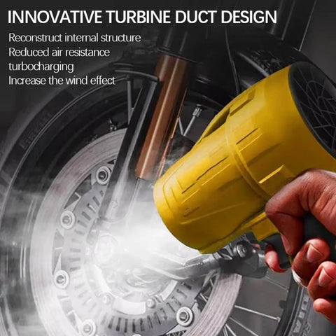Hand using Brushless Leaf Blower Cordless 20V Handheld Jet Fan Turbo Air For Patio And Lawn Care High Speed 30000 RPM Blows Leaves And Dust Fast Quick Drying No Battery Or Charger Included near motorcycle wheel