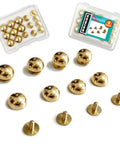 Top Shelf Solid Brass Bottom Guards For Handbags And Totes Round Screwback Feet 8 Pack showing shiny brass purse spikes and screws.