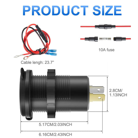 Product size diagram with dimensions and cable length for Triple USB Car Charger With Dual PD3.0 USB C Ports And Quick Charge 3.0