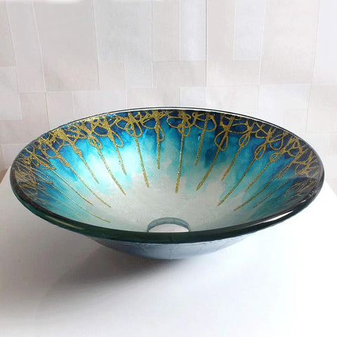 USZWBY Gradient Color Artistic Vessel Sink Bowl-Shaped Tempered Glass Above Counter Bathroom Washing Basin Combo with Waterfall Faucet, Modern Lavatory Bowl, 17.71", Gold, featuring gold and blue artistic design.