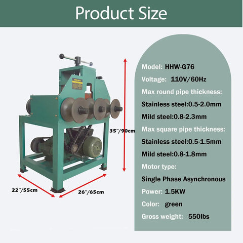 Jaryannix Heavy Duty Electric Pipe Bender For Stainless Steel Tube Roller Bending Machine W/ Nine Round And Eight Square Die Sets 1.5kw 110v Power Unit For Diverse Round And Square Metal Pipe Fabrication Projects, green metal frame with dimensions.