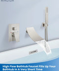 Wall Mount Tub Faucet With Waterfall Spout And Handheld Shower, Single Handle Tub Filler, Rough-In Valve, Brushed Nickel