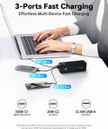 27000mAh 120W Fast Charging Power Bank With 3 Ports And Smart Display connected to laptop and phones on desk