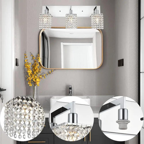Three Light Crystal Vanity Light Fixture With Chrome Finish above a bathroom mirror, detailed views of crystal drops