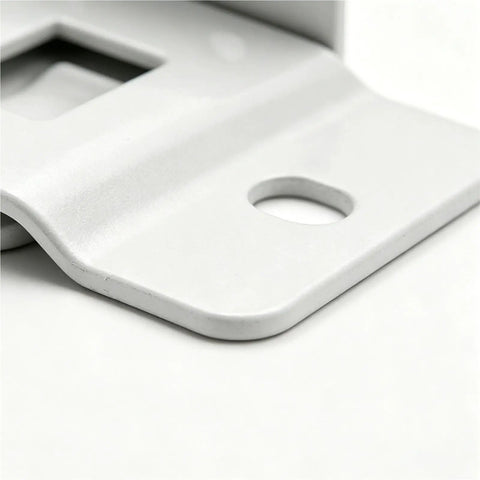 Close-up of a Heavy Duty L Shaped Metal Furniture Joint Bracket with a No Fuss Quick Fitting Locking Clip Corner Brace hole detail