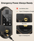 Emergency power features of the Rock Solid Slick Fingerprint Smart Front Door Lock Set with Type-C charging port and keypad.
