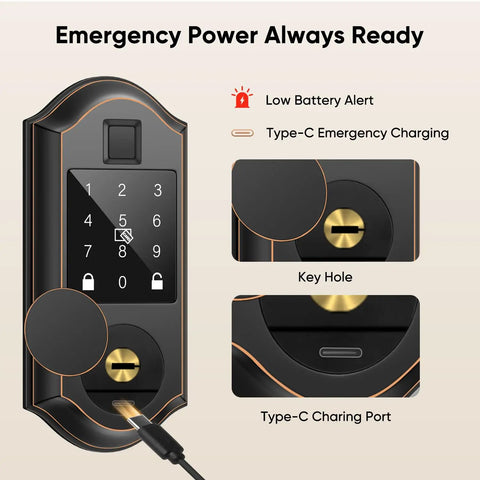 Emergency power features of the Rock Solid Slick Fingerprint Smart Front Door Lock Set with Type-C charging port and keypad.