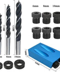 Close-up of 6, 8, 10mm drill bits and dowel plugs in a hardcore 15 piece pocket hole jig kit built like a rock with tough aluminum alloy.