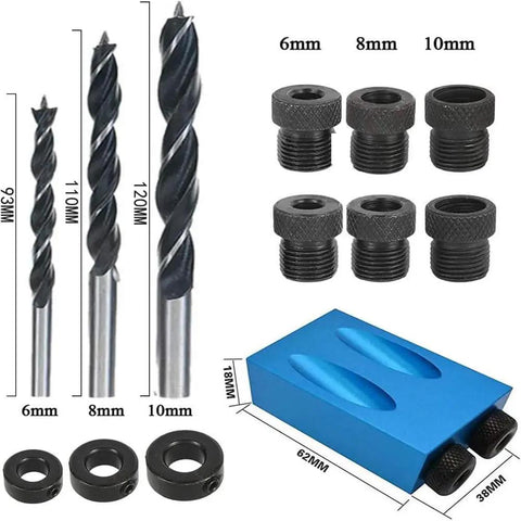 Close-up of 6, 8, 10mm drill bits and dowel plugs in a hardcore 15 piece pocket hole jig kit built like a rock with tough aluminum alloy.