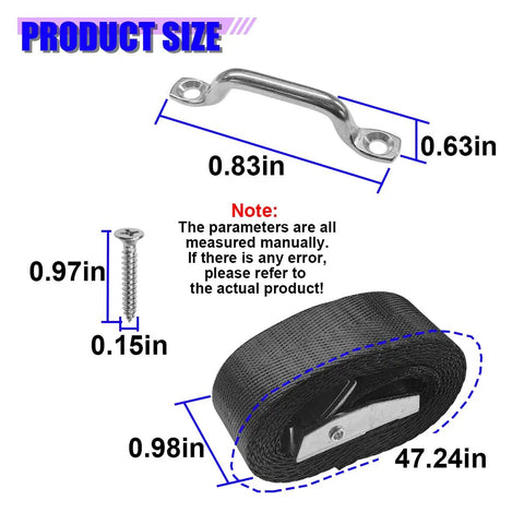 Heavy Duty Tie Down Straps With Cam Buckles And Stainless Brackets For Battery Boxes And Cargo Secure Mount Kit Weatherproof Marine Grade showing product size and dimensions for the strap and buckle.