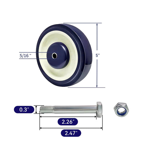 Five Inch Polyurethane Wheel With Five Sixteenth Inch Bore For Shopping Carts Navy Beige Color 1400 Lbs Load Capacity Dual Ball Bearings