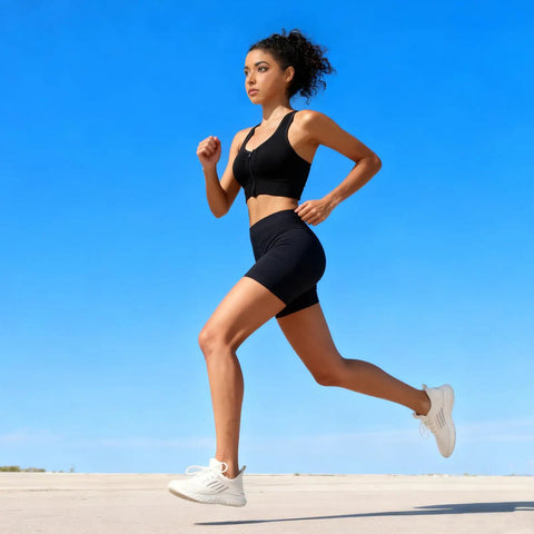 Woman running in black Zip Front Running Sports Bra For Women With Medium Support Removable Pads Racerback and shorts outdoors