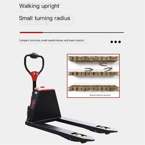 Super Duper Heavy Duty 3300 Lb Manual Pallet Jack With Fully Electric Lift showcased in operation for tight storage.