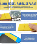 Yellow model parts separator from 22 Piece Model Tools Kit For Hobby Builders Craft Set With Must-Have DIY Tools For Cars, Planes, Buildings, Gundam, And Robots Models For Building, Repairing, And Fixing, shown with watch and sandpaper.