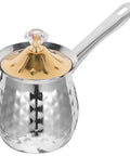 Stovetop Turkish Coffee Pot Cezve Ibrik Hammered Stainless Steel 400ml Coffee Maker Milk Warmer with Spout Creamer visible.
