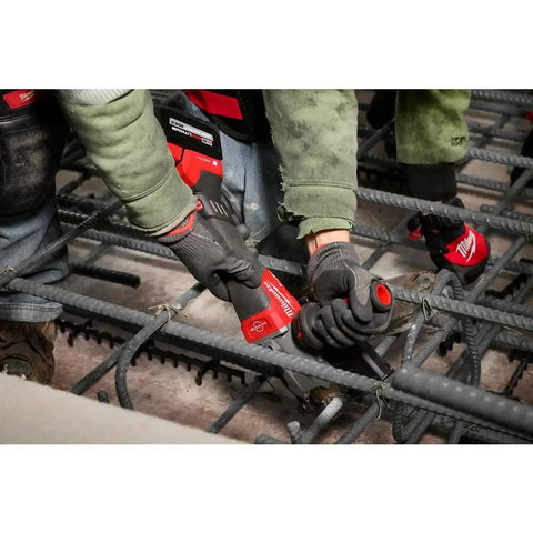Milwaukee Number 10 Size 1-Inch Rebar Cutting Blade With Cermet Carbide Teeth For Cold Cutting Max Rpm 2000 in use for steel demolition.