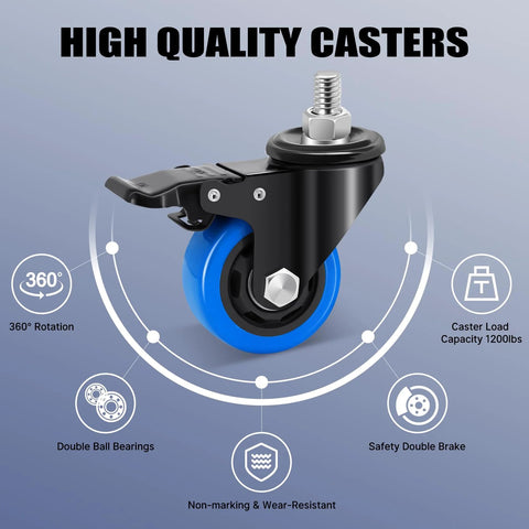 3 Inch Heavy Duty Stem Caster Wheels Set Of 4 With 1/2-13 Threaded Stem And 1 Inch Stem Length Swivel Casters Featuring Safety Dual Locking Wheels