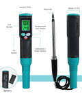 Pro Grade Soil EC Meter 2 In 1 Temperature Tester With Corded Sensor Backlit LCD Display Temperature Compensation Easy Calibration For Soil Plants Lawn Nutrient Test, showing front view with detailed parts labeled.
