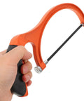 Built Tough Portable Mini Hacksaw Featuring Thickened Carbon Steel Blade and Ten Spare Replacements, hand-held with an orange grip.