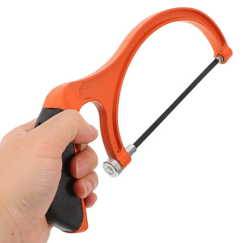 Built Tough Portable Mini Hacksaw Featuring Thickened Carbon Steel Blade and Ten Spare Replacements, hand-held with an orange grip.