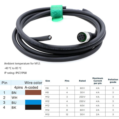 M12 A Coded 4 Pin Female Sensor Cable For Actuator Encoder To Bare Wire Lead 2m with specifications chart